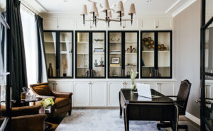 Clyde Hill Study with ebony desk, lounge chairs, and custom book case